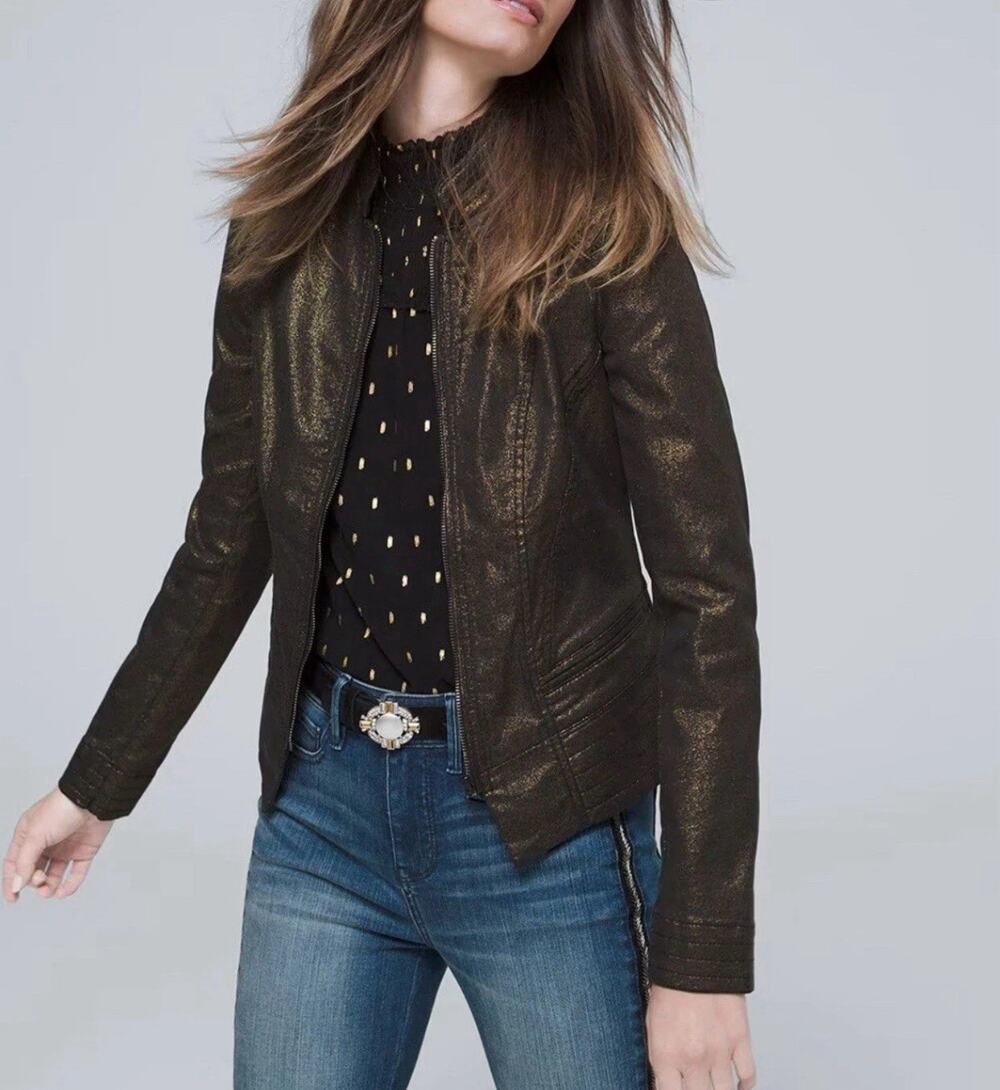 NWT White House Black Market Gold Metallic Biker Moto Jacket Size 00